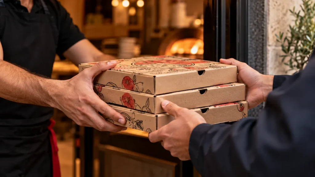 Consegna di pizza all’ingresso della pizzeria