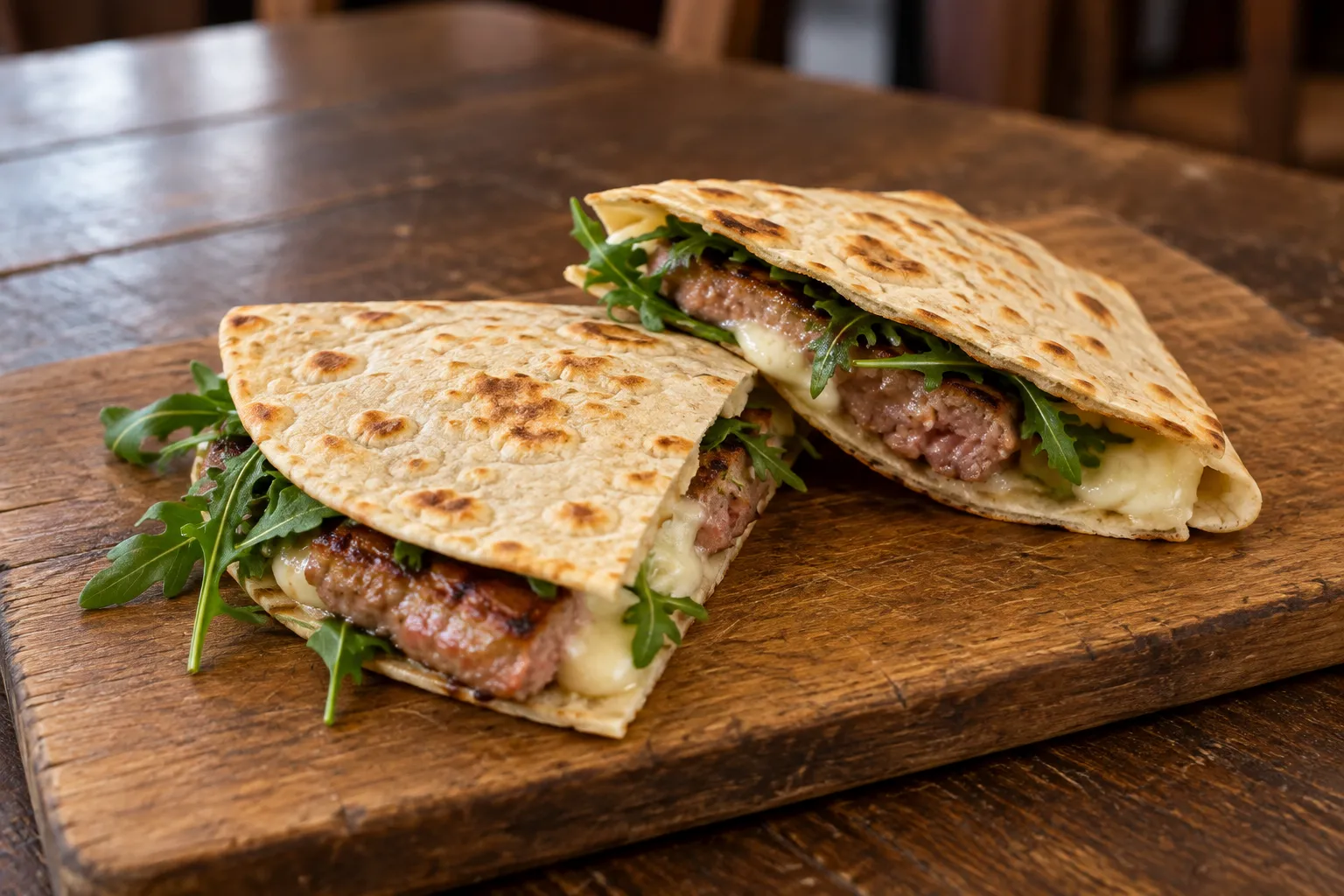 Piadina romagnola con salsiccia, stracchino e rucola