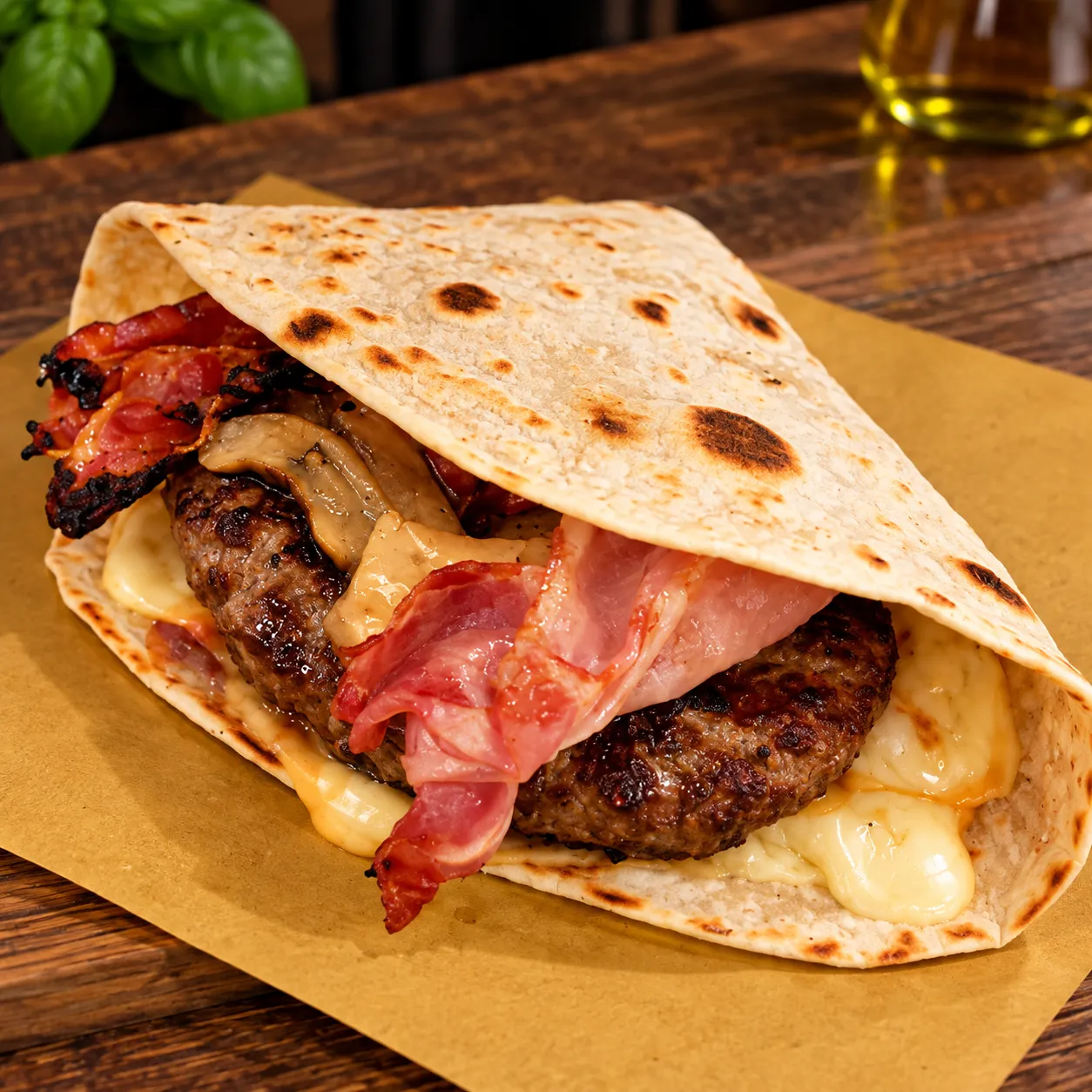 Piadina rustica con burger e formaggio fuso